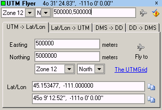 Interface for UTMFlyer for using UTM coordinates in Google Earth
