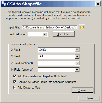 convert csv files to shapefiles