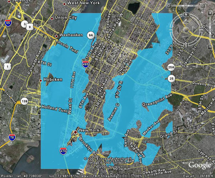 Eight meters of sea level rise in Manhattan in Google Earth